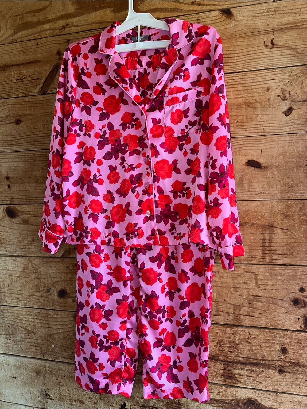 Loft Pink Floral Satin Pajama Set Long Sleeve Top & Pants